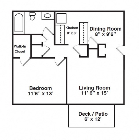 Floor plan for 1 bed, 1 bath, 698 sqft